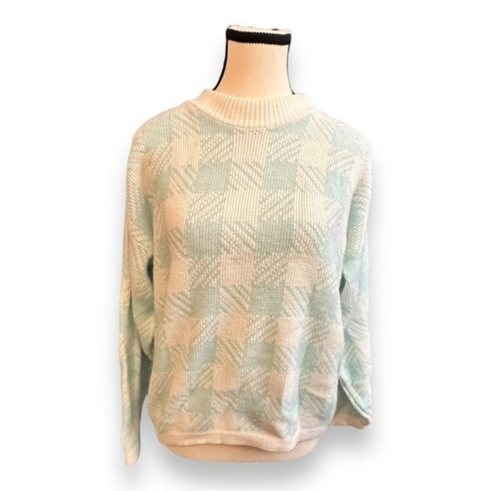 Women’s 90’s Vintage M Jane Adams Houndstooth Blue and White Pullover Sweater
